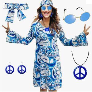 60s 70s Hippie Dress Costume Necklace Earrings Sunglasses Headband